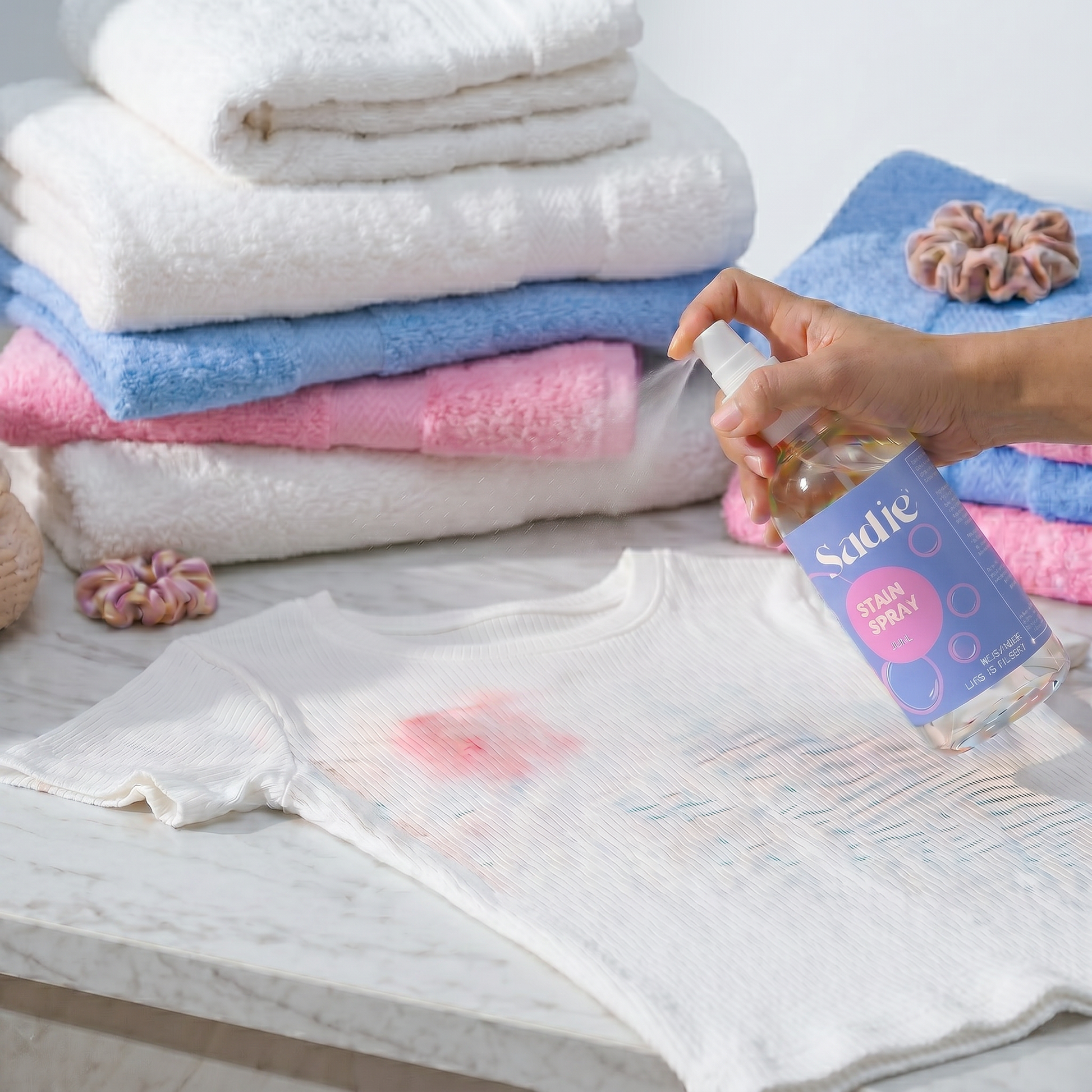 Person using a bottle labeled 'Sadie' on a baby outfit with stains, surrounded by folded towels and a blue towel.