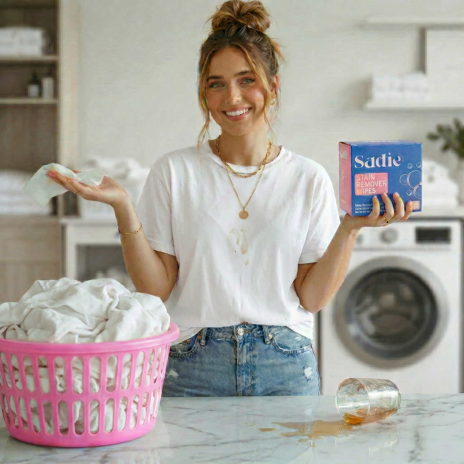 Woman holding a box of Sadie stain remover next to a pink laundry basket in a laundry room.