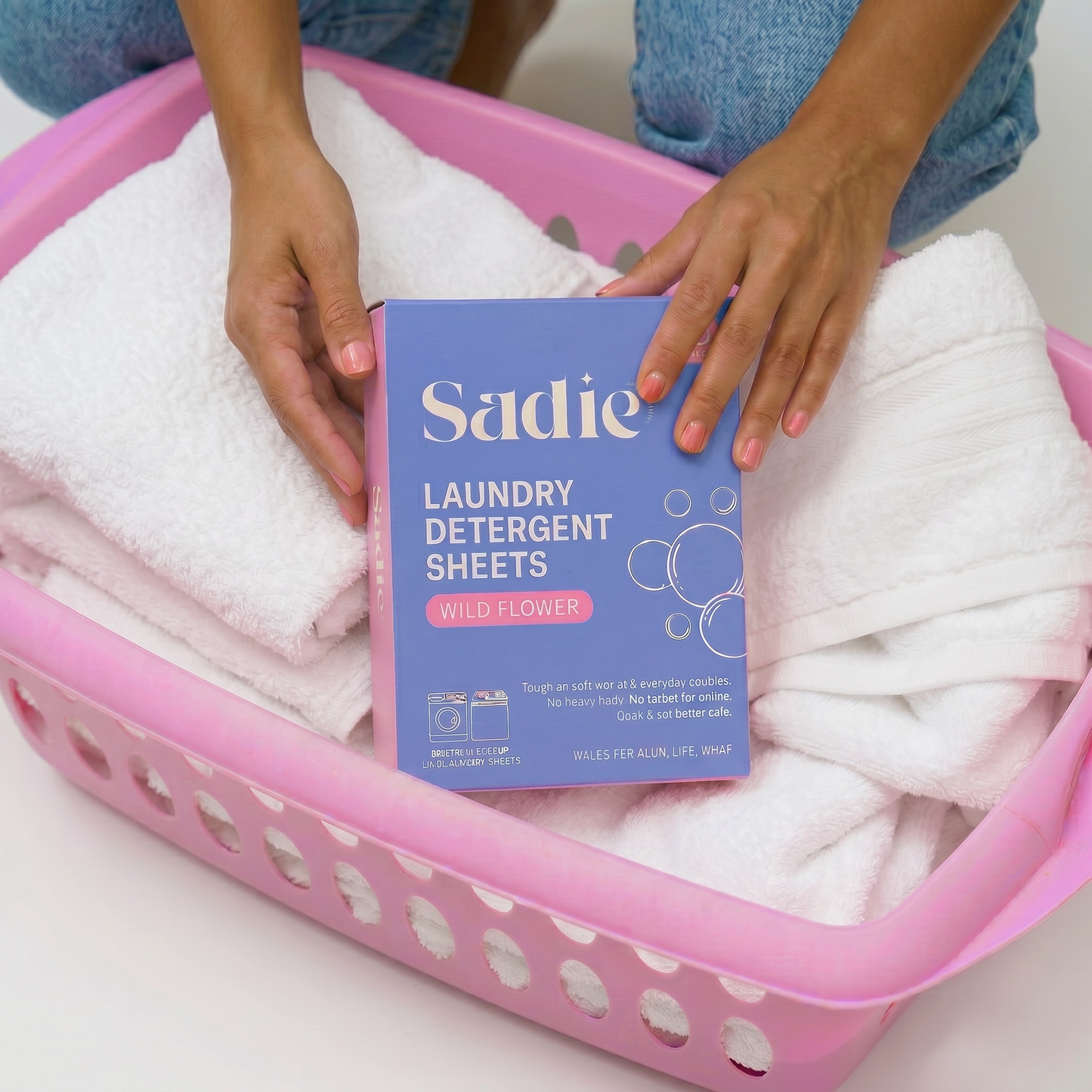 Person holding a box of Sadie laundry detergent sheets over a pink laundry basket filled with white towels.
